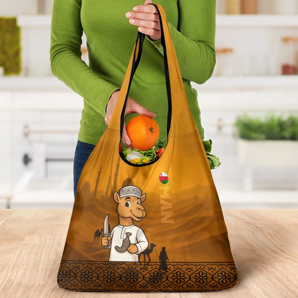 Oman Grocery Bag with Traditional Camel Character and Desert Silhouette Design
