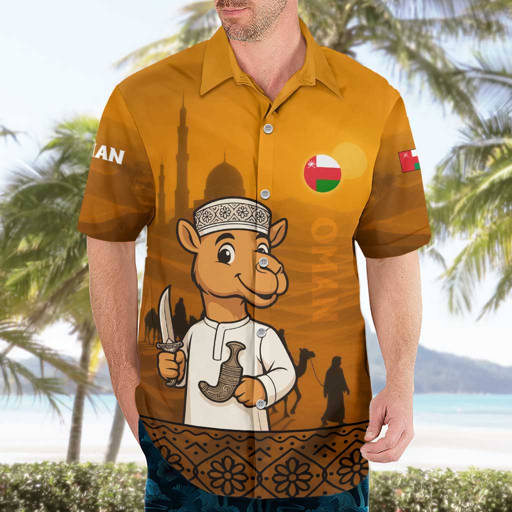 Oman Hawaiian Shirt with Traditional Camel Character and Desert Silhouette Design
