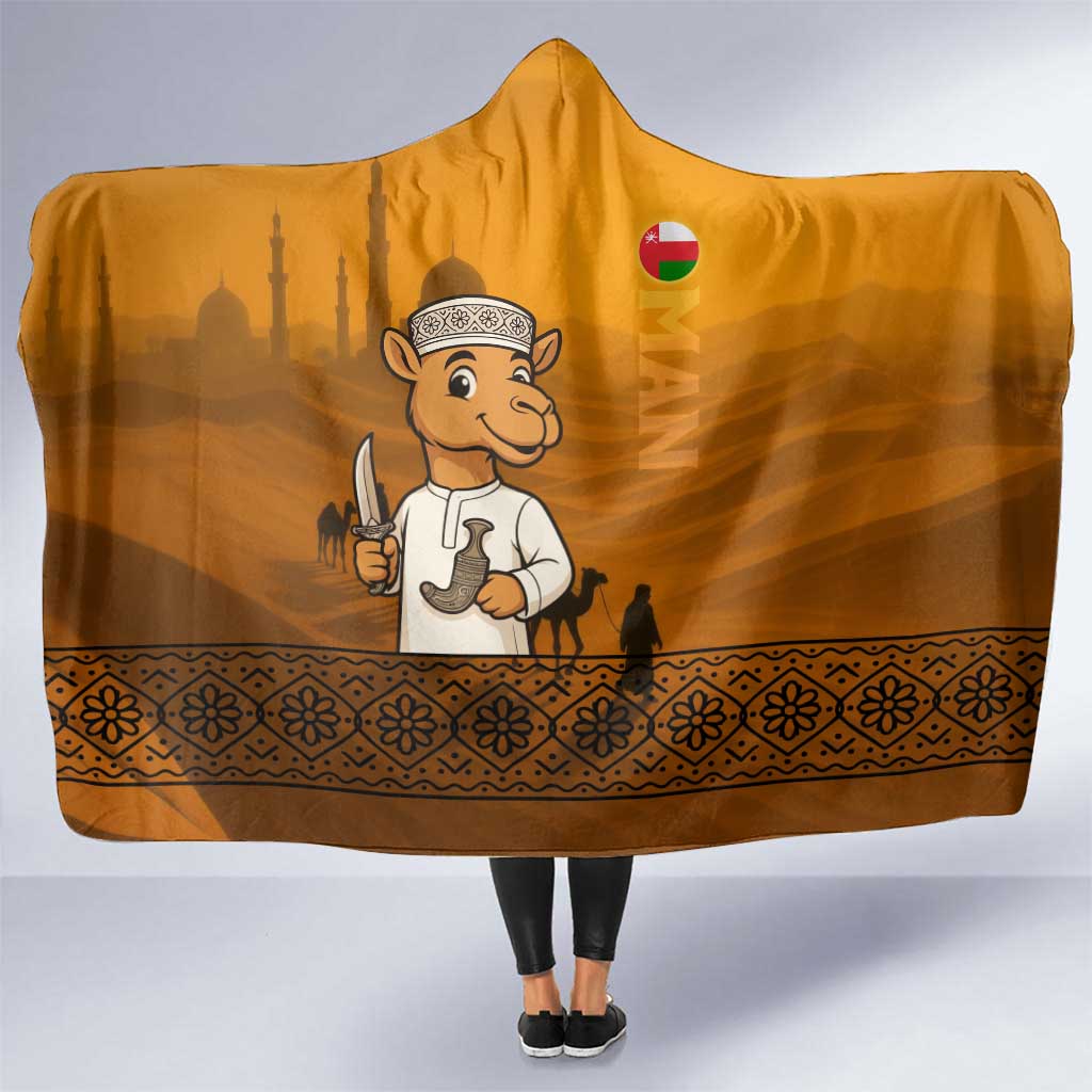 Oman Hooded Blanket with Traditional Camel Character and Desert Silhouette Design