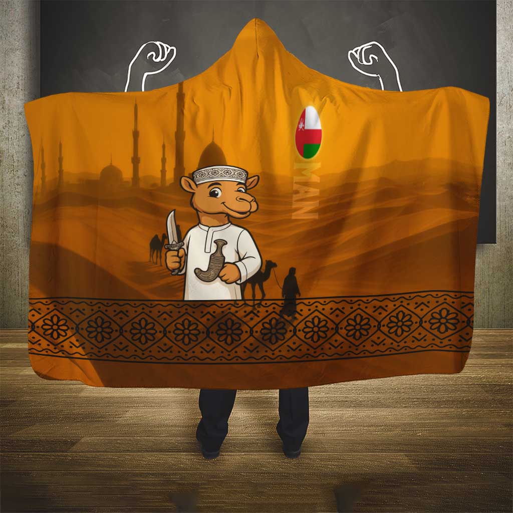 Oman Hooded Blanket with Traditional Camel Character and Desert Silhouette Design