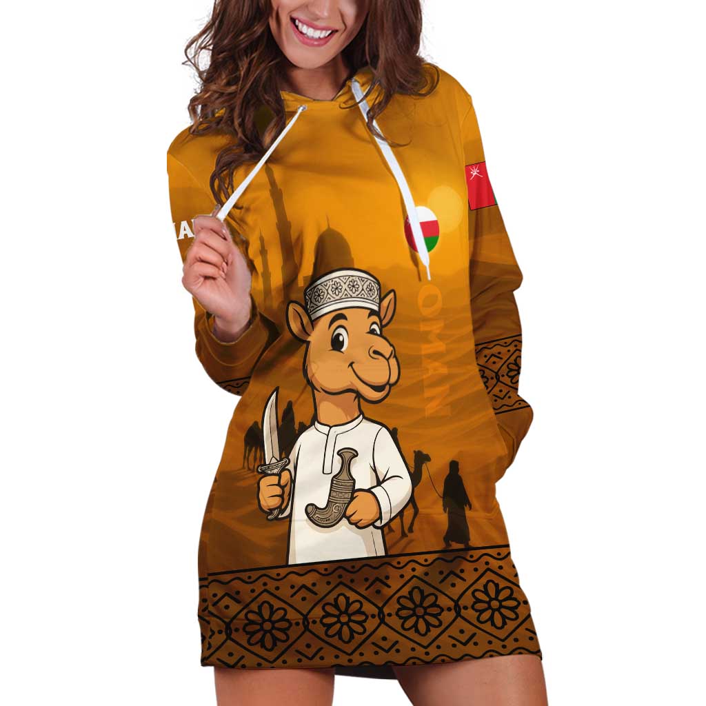 Oman Hoodie Dress with Traditional Camel Character and Desert Silhouette Design