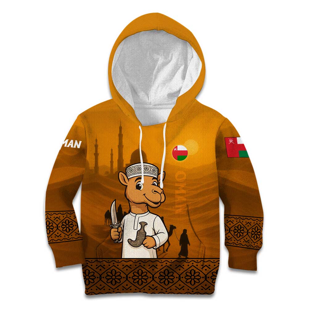 Oman Kid Hoodie with Traditional Camel Character and Desert Silhouette Design