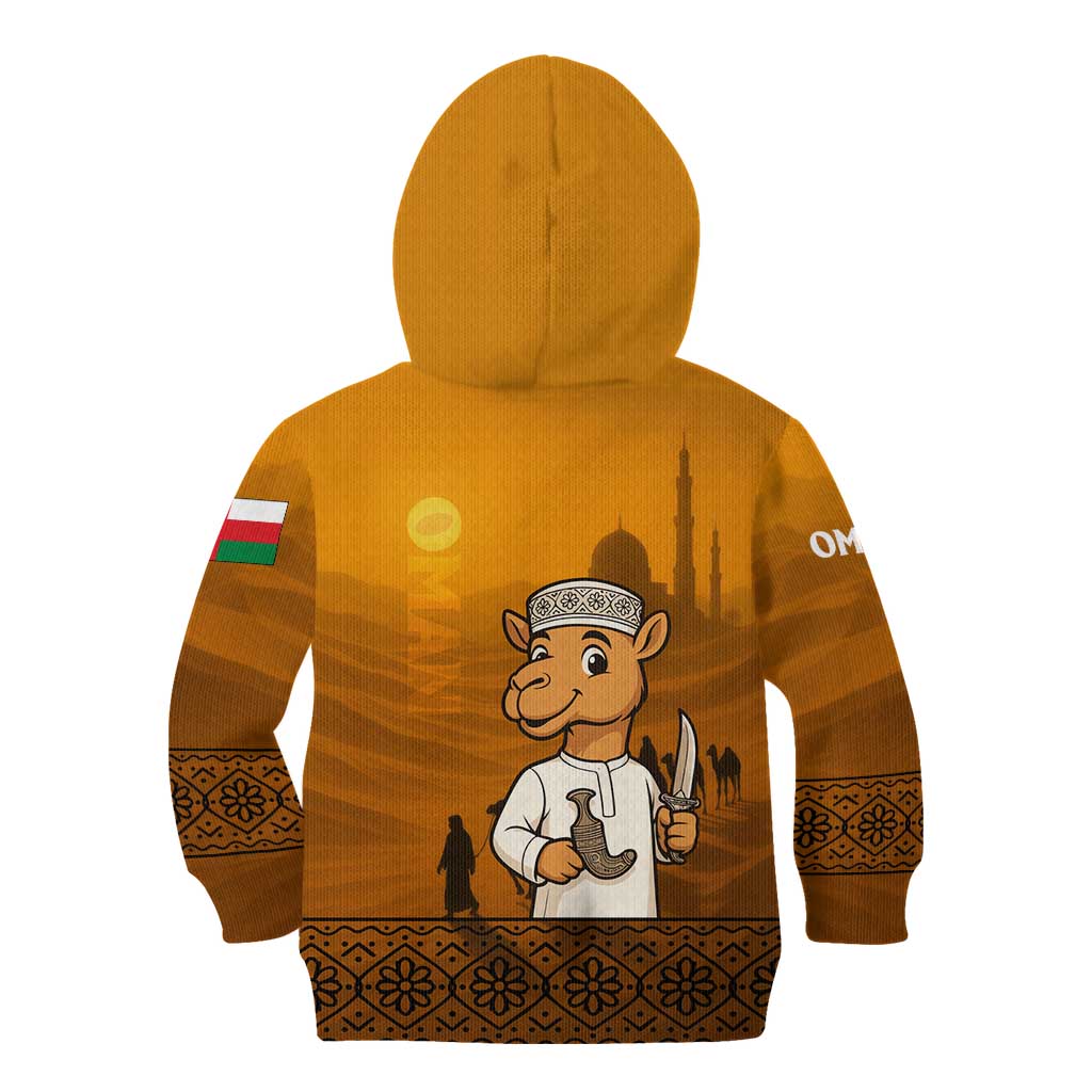 Oman Kid Hoodie with Traditional Camel Character and Desert Silhouette Design