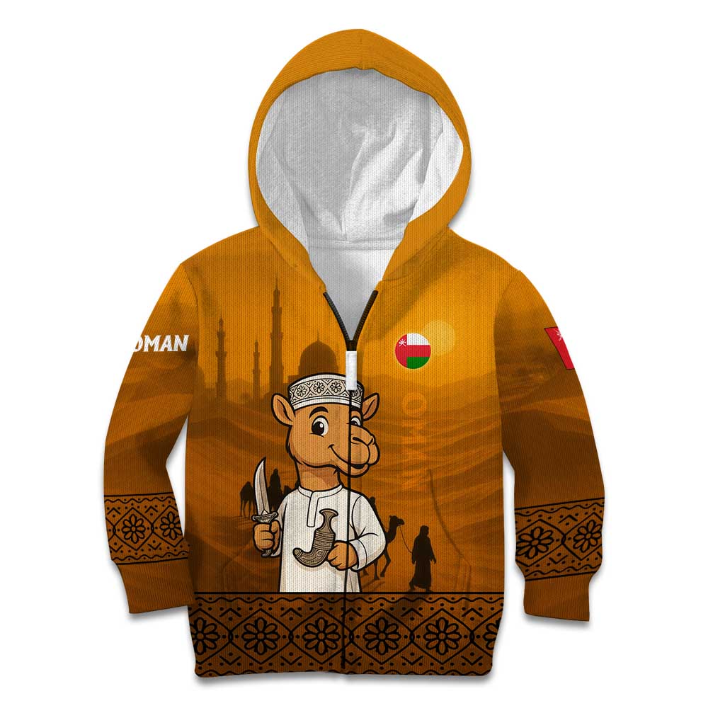 Oman Kid Hoodie with Traditional Camel Character and Desert Silhouette Design