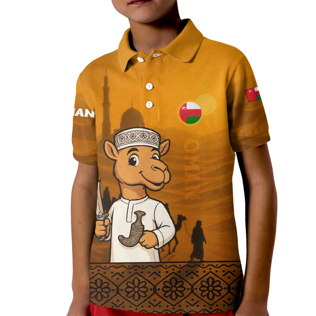 Oman Kid Polo Shirt with Traditional Camel Character and Desert Silhouette Design