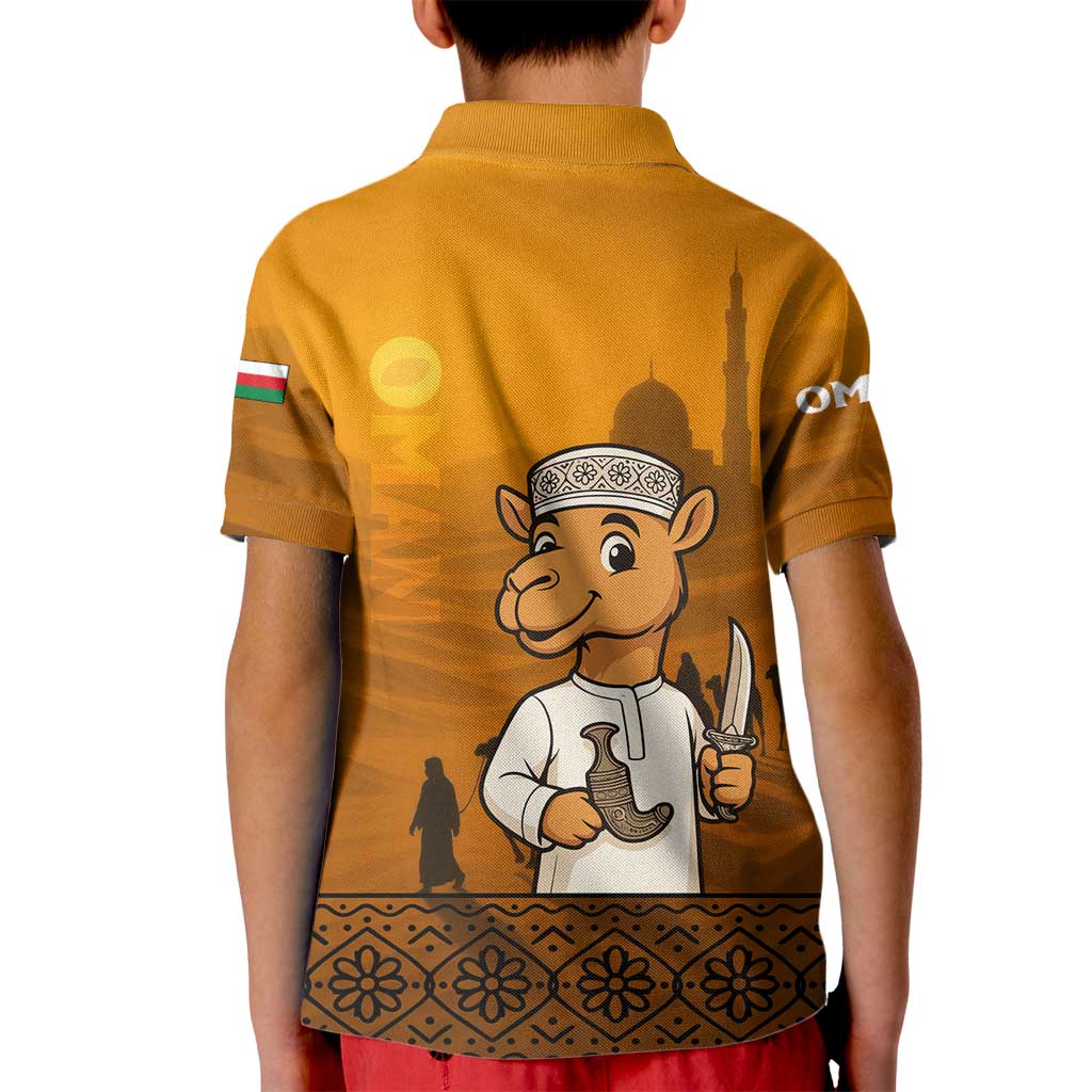 Oman Kid Polo Shirt with Traditional Camel Character and Desert Silhouette Design
