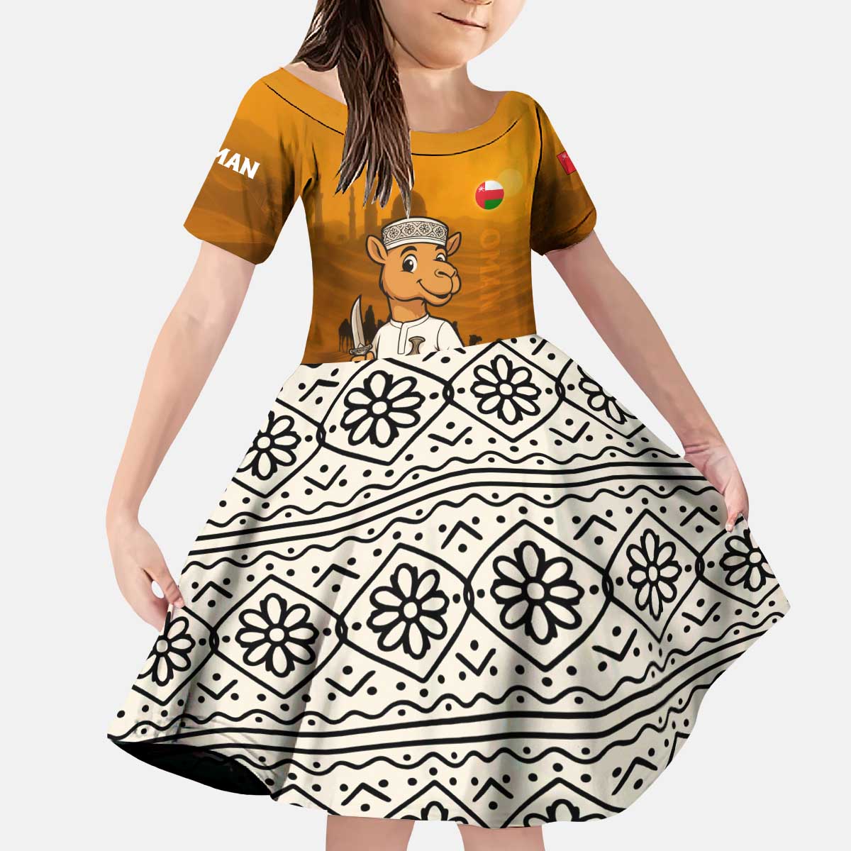 Oman Kid Short Sleeve Dress with Traditional Camel Character and Desert Silhouette Design