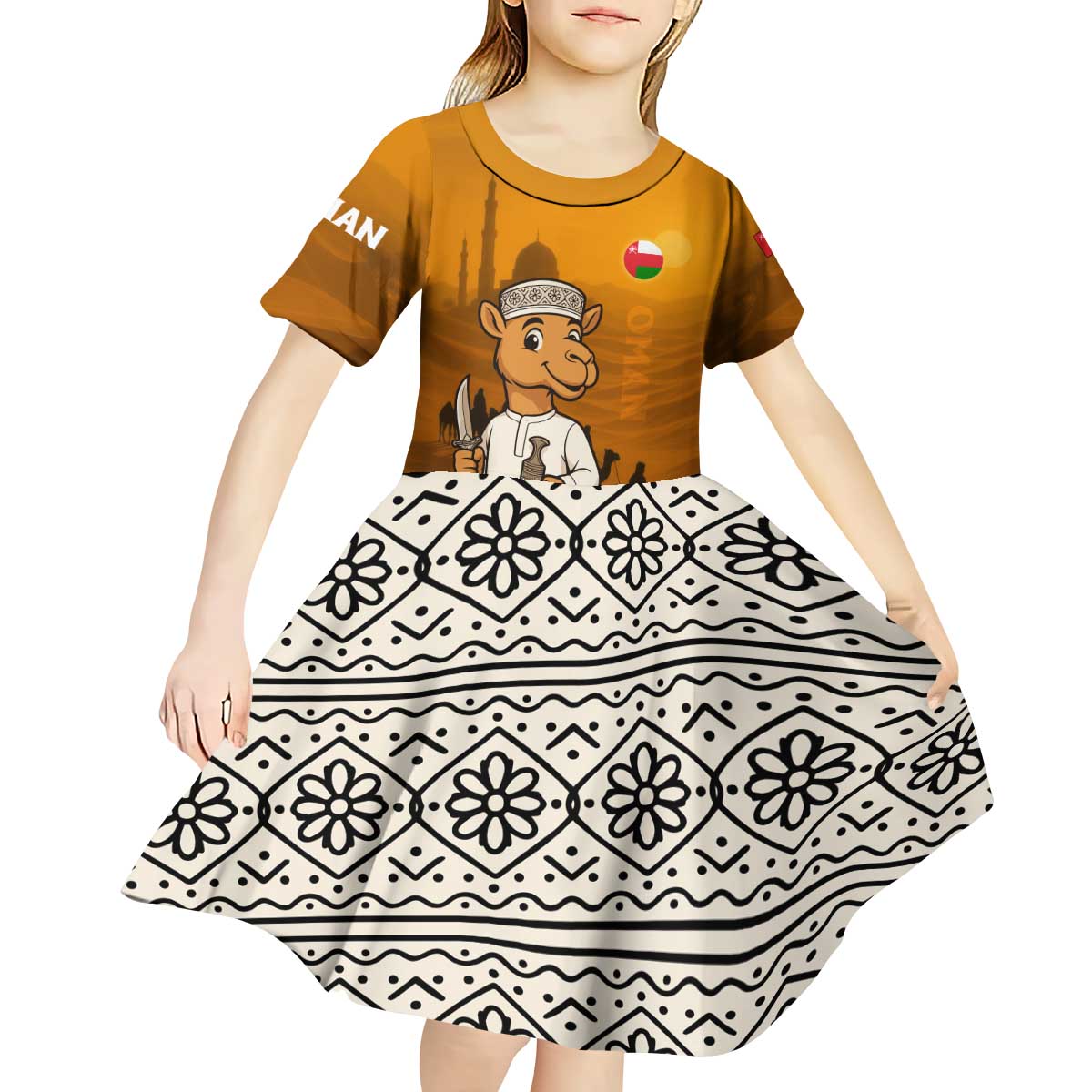 Oman Kid Short Sleeve Dress with Traditional Camel Character and Desert Silhouette Design