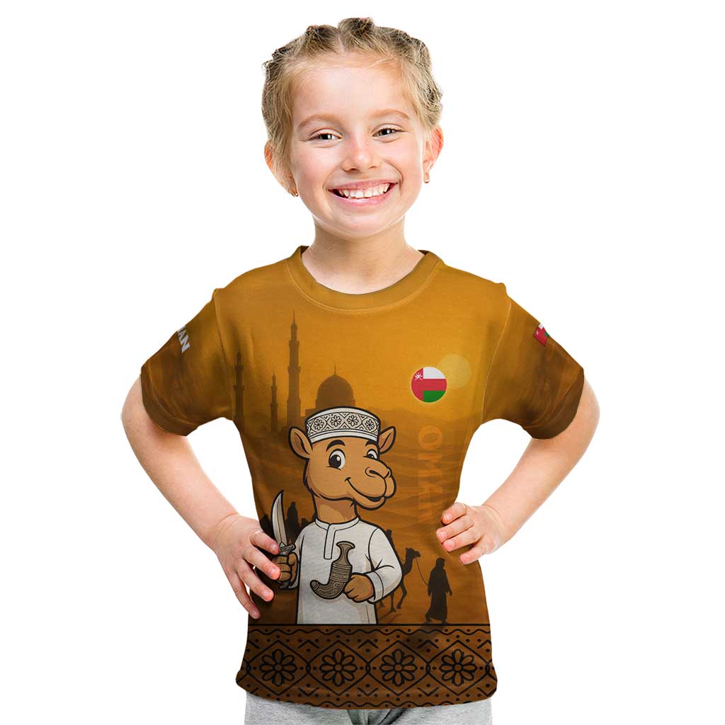 Oman Kid T Shirt with Traditional Camel Character and Desert Silhouette Design
