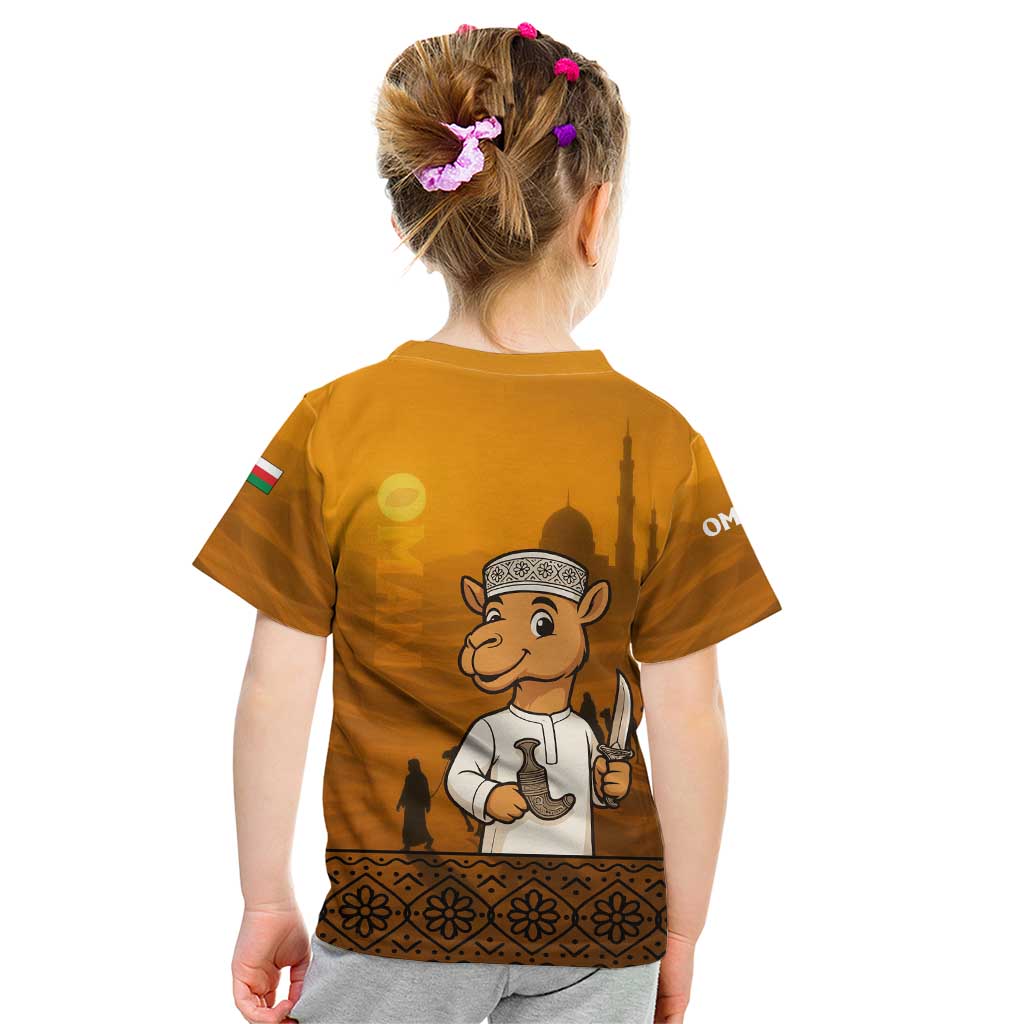 Oman Kid T Shirt with Traditional Camel Character and Desert Silhouette Design