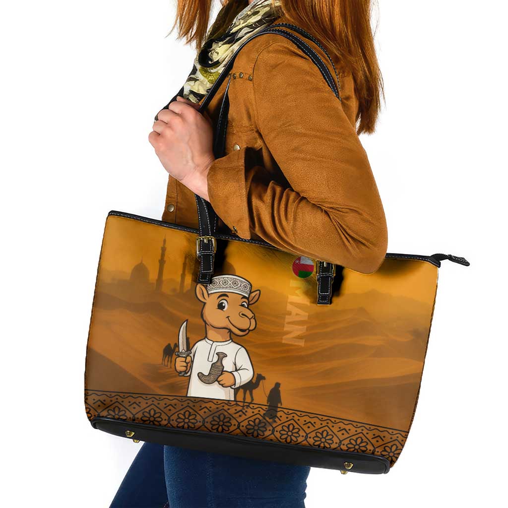 Oman Leather Tote Bag with Traditional Camel Character and Desert Silhouette Design