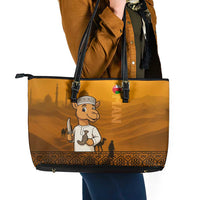 Oman Leather Tote Bag with Traditional Camel Character and Desert Silhouette Design