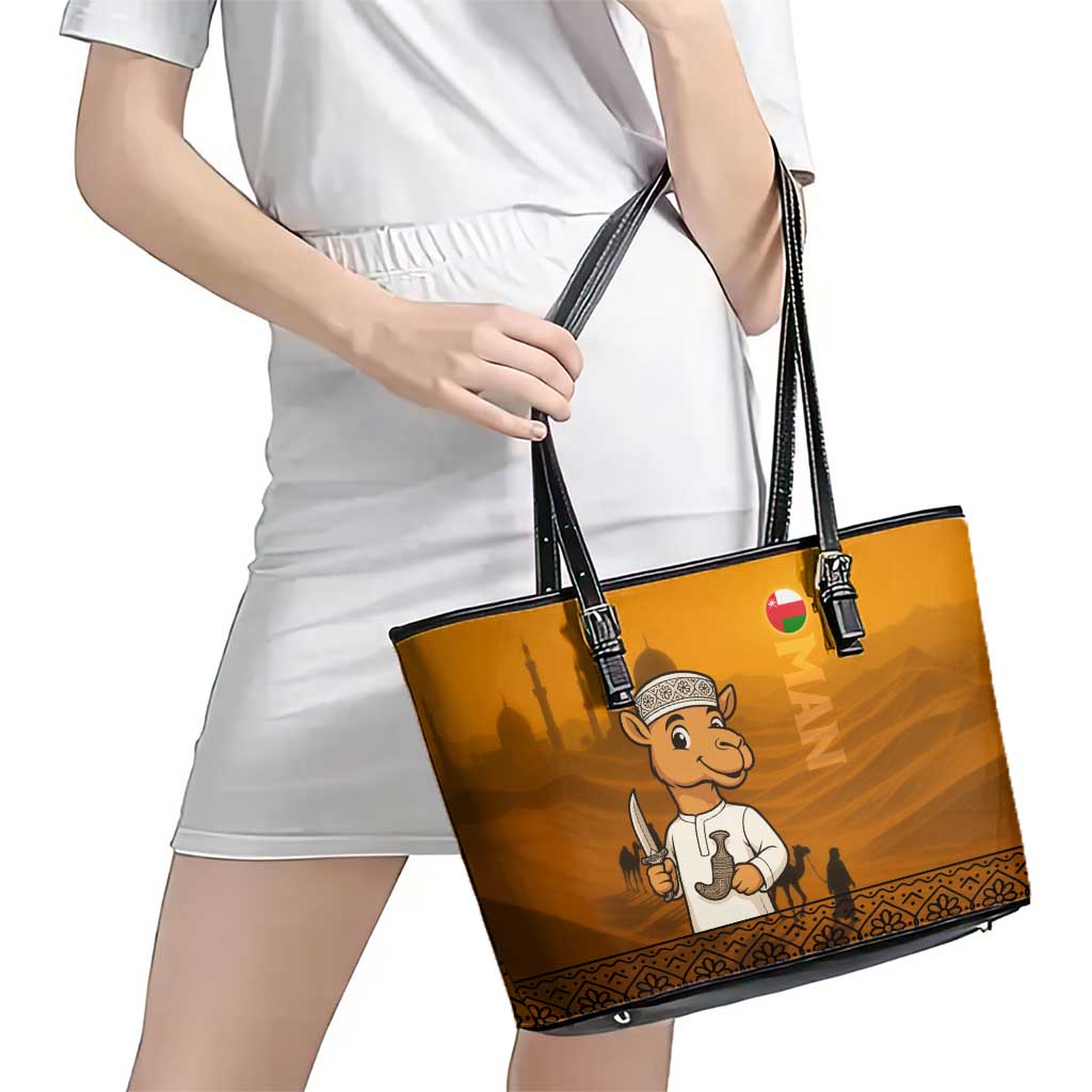 Oman Leather Tote Bag with Traditional Camel Character and Desert Silhouette Design
