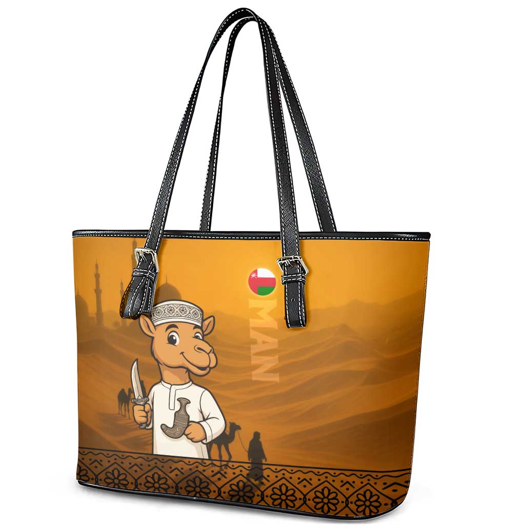 Oman Leather Tote Bag with Traditional Camel Character and Desert Silhouette Design