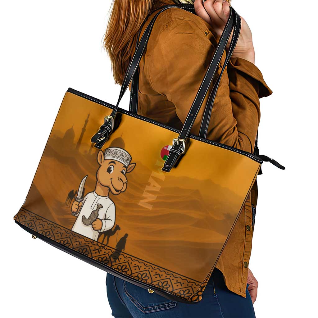 Oman Leather Tote Bag with Traditional Camel Character and Desert Silhouette Design