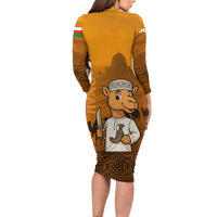 Oman Long Sleeve Bodycon Dress with Traditional Camel Character and Desert Silhouette Design