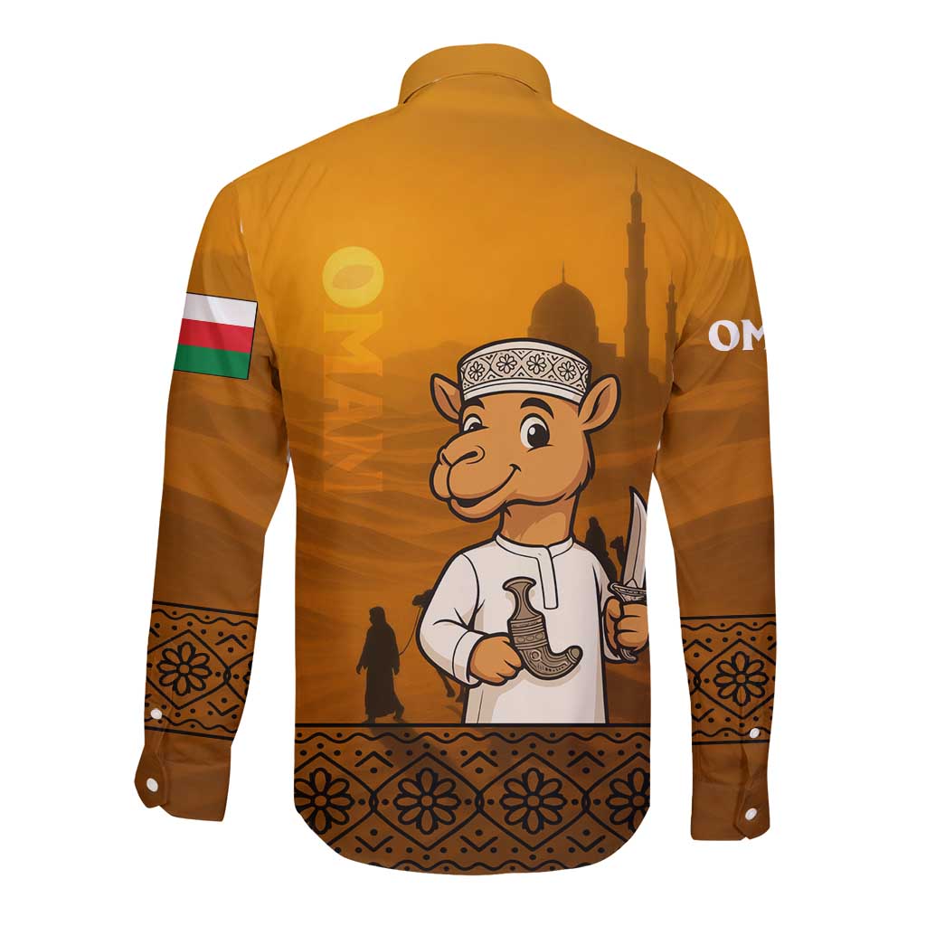 Oman Long Sleeve Button Shirt with Traditional Camel Character and Desert Silhouette Design