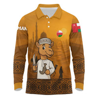 Oman Long Sleeve Polo Shirt with Traditional Camel Character and Desert Silhouette Design