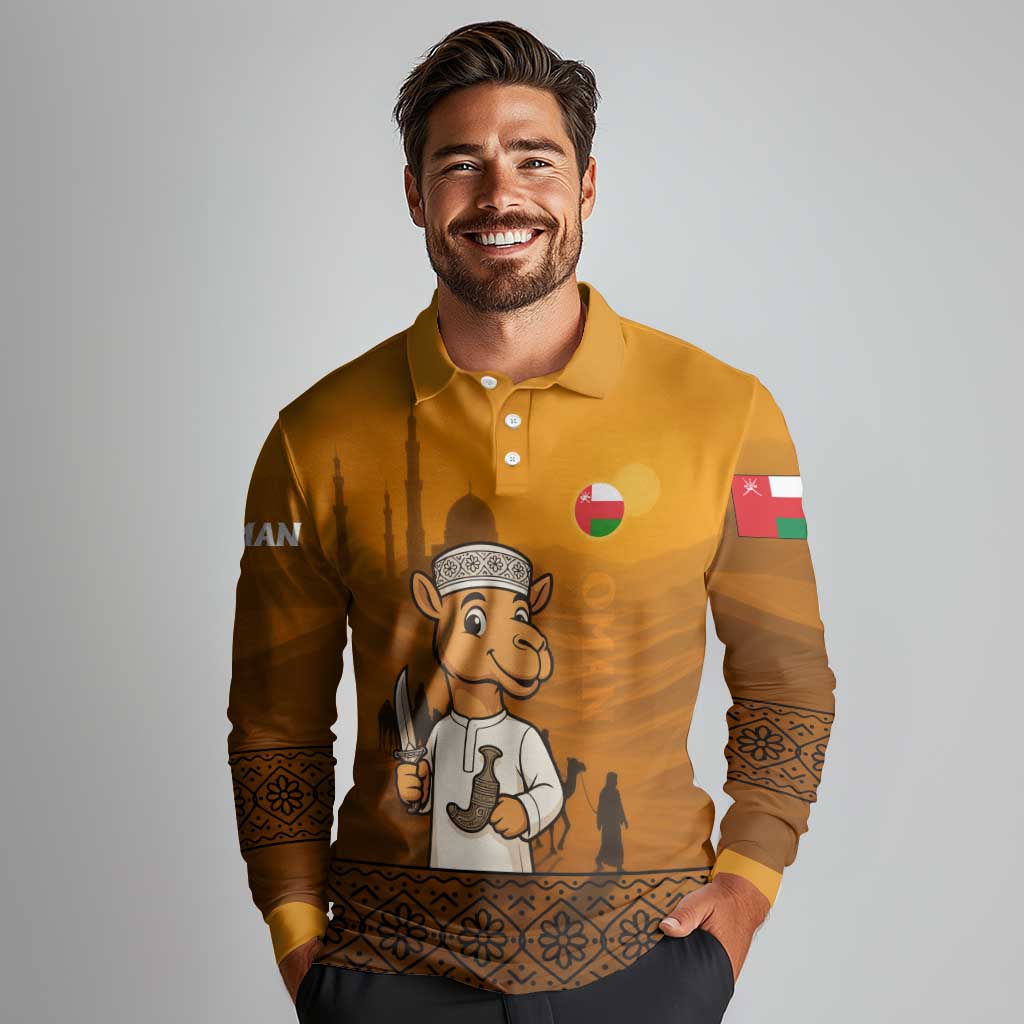 Oman Long Sleeve Polo Shirt with Traditional Camel Character and Desert Silhouette Design