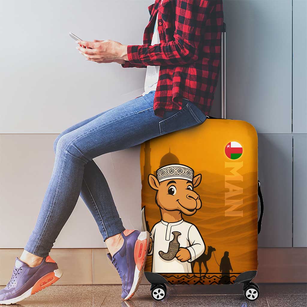 Oman Luggage Cover with Traditional Camel Character and Desert Silhouette Design