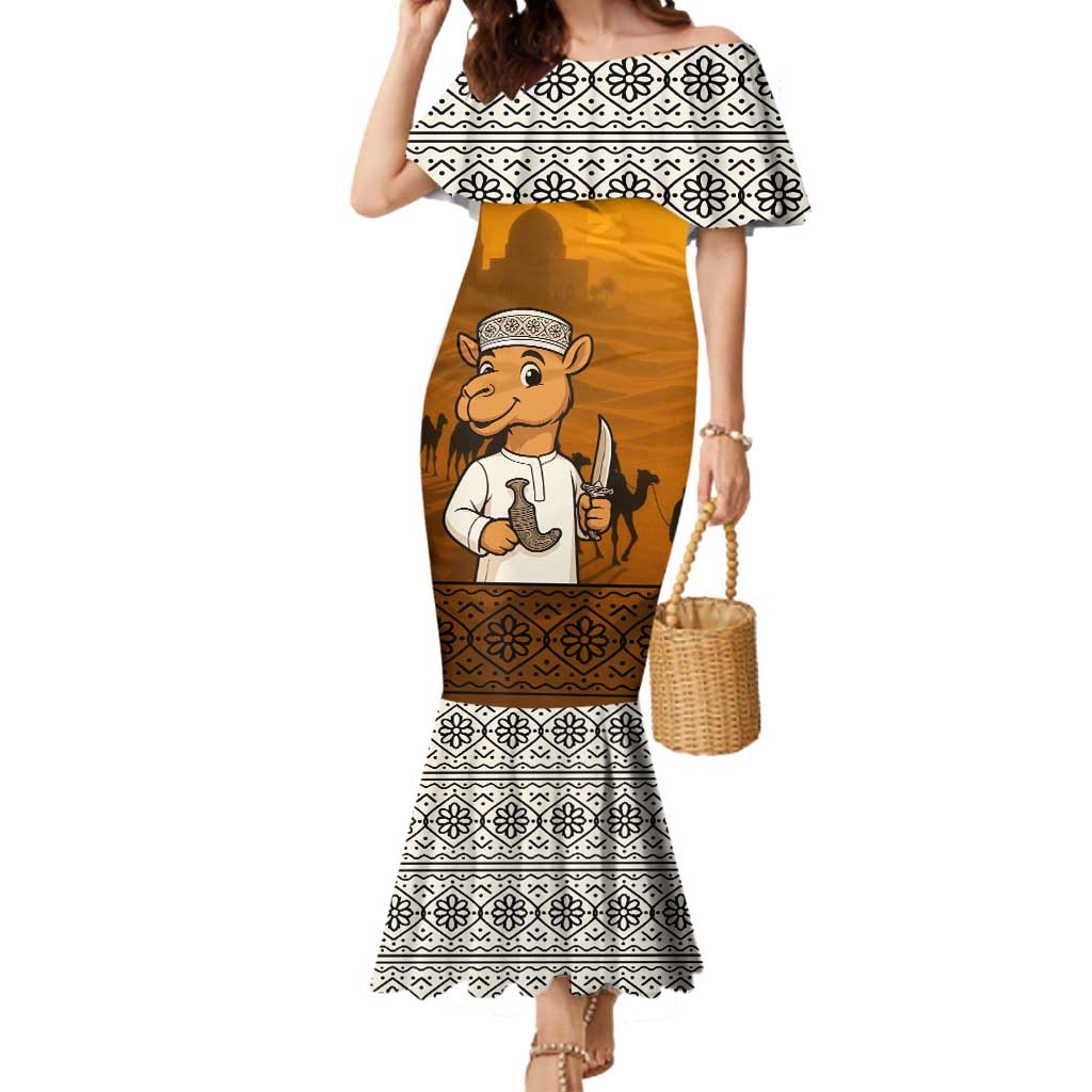 Oman Mermaid Dress with Traditional Camel Character and Desert Silhouette Design