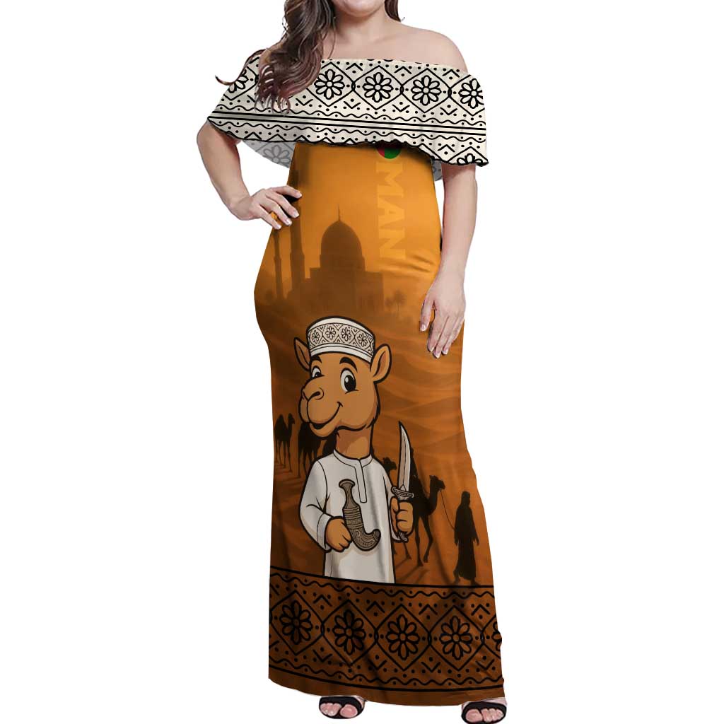 Oman Off Shoulder Maxi Dress with Traditional Camel Character and Desert Silhouette Design