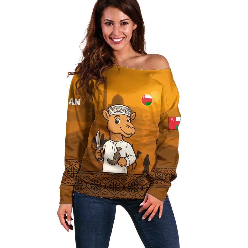 Oman Off Shoulder Sweater with Traditional Camel Character and Desert Silhouette Design