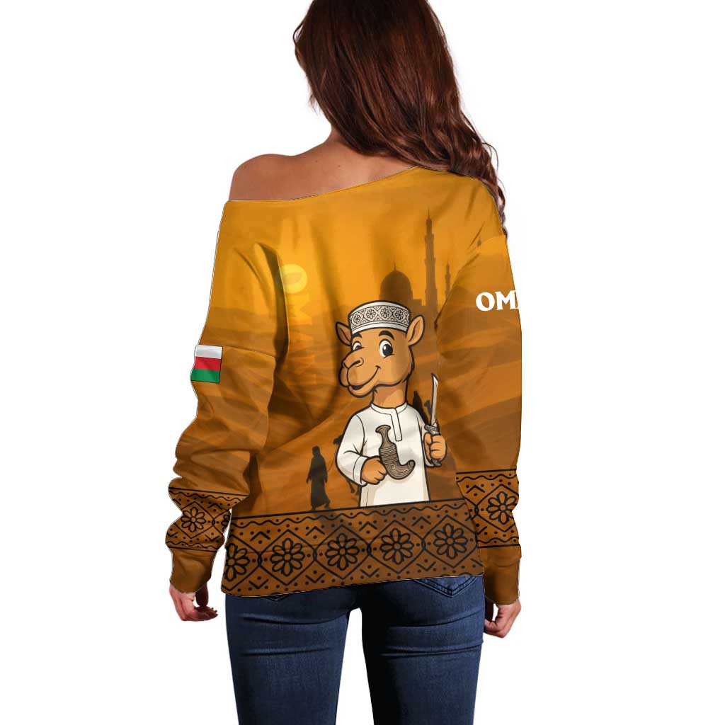 Oman Off Shoulder Sweater with Traditional Camel Character and Desert Silhouette Design