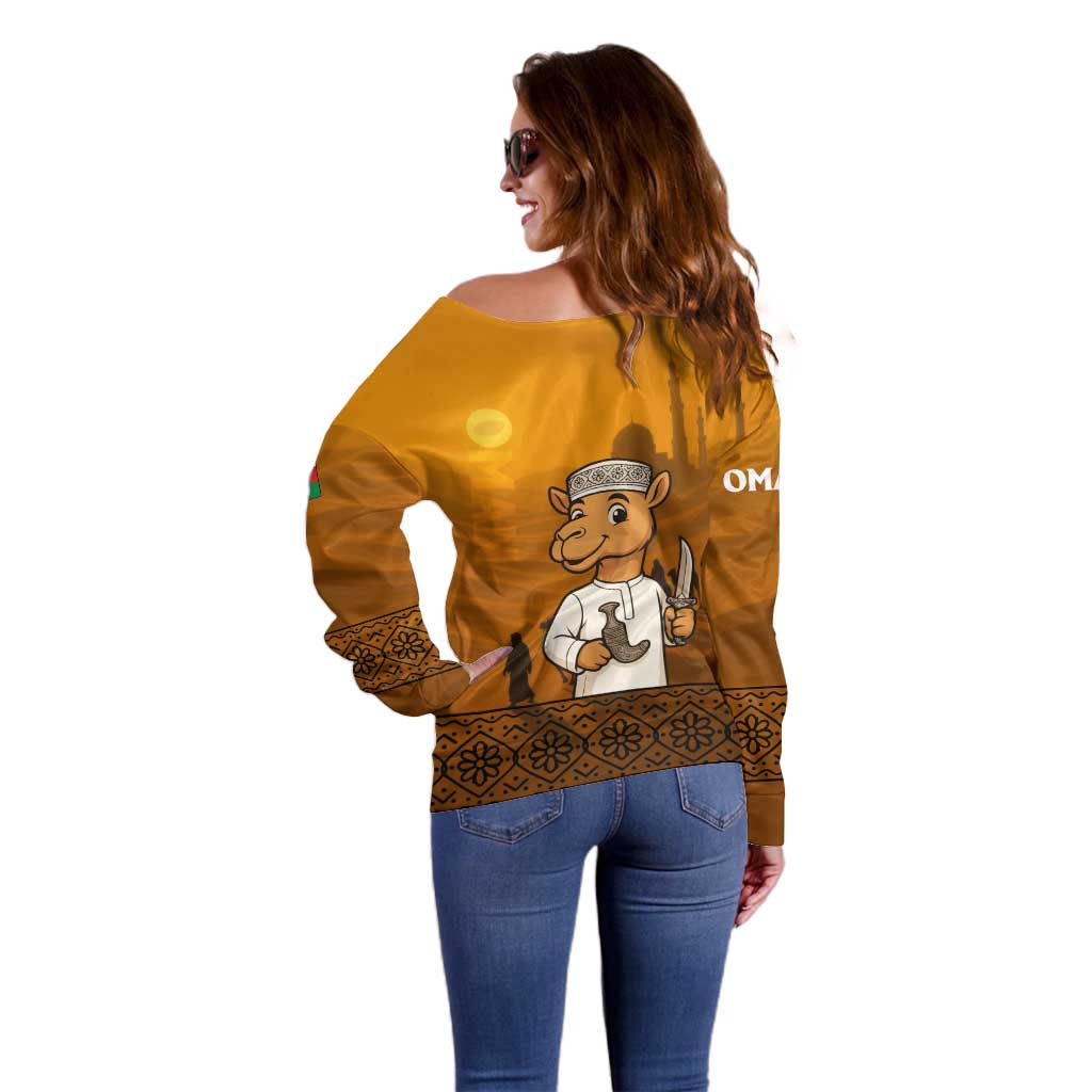 Oman Off Shoulder Sweater with Traditional Camel Character and Desert Silhouette Design