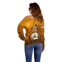 Oman Off Shoulder Sweater with Traditional Camel Character and Desert Silhouette Design