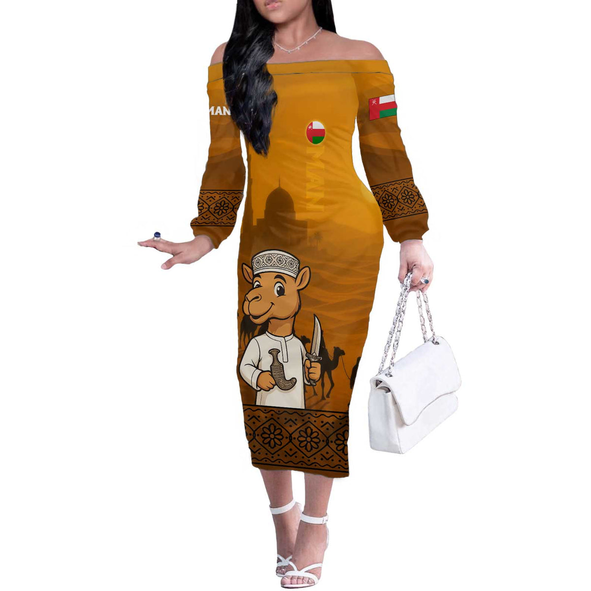 Oman Off The Shoulder Long Sleeve Dress with Traditional Camel Character and Desert Silhouette Design