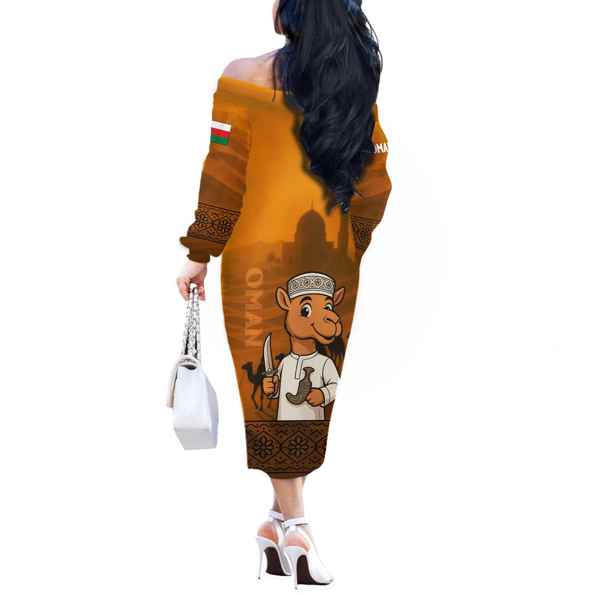 Oman Off The Shoulder Long Sleeve Dress with Traditional Camel Character and Desert Silhouette Design