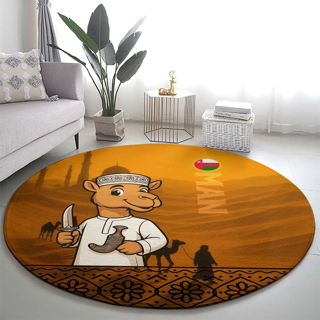 Oman Round Carpet with Traditional Camel Character and Desert Silhouette Design