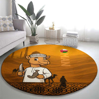 Oman Round Carpet with Traditional Camel Character and Desert Silhouette Design
