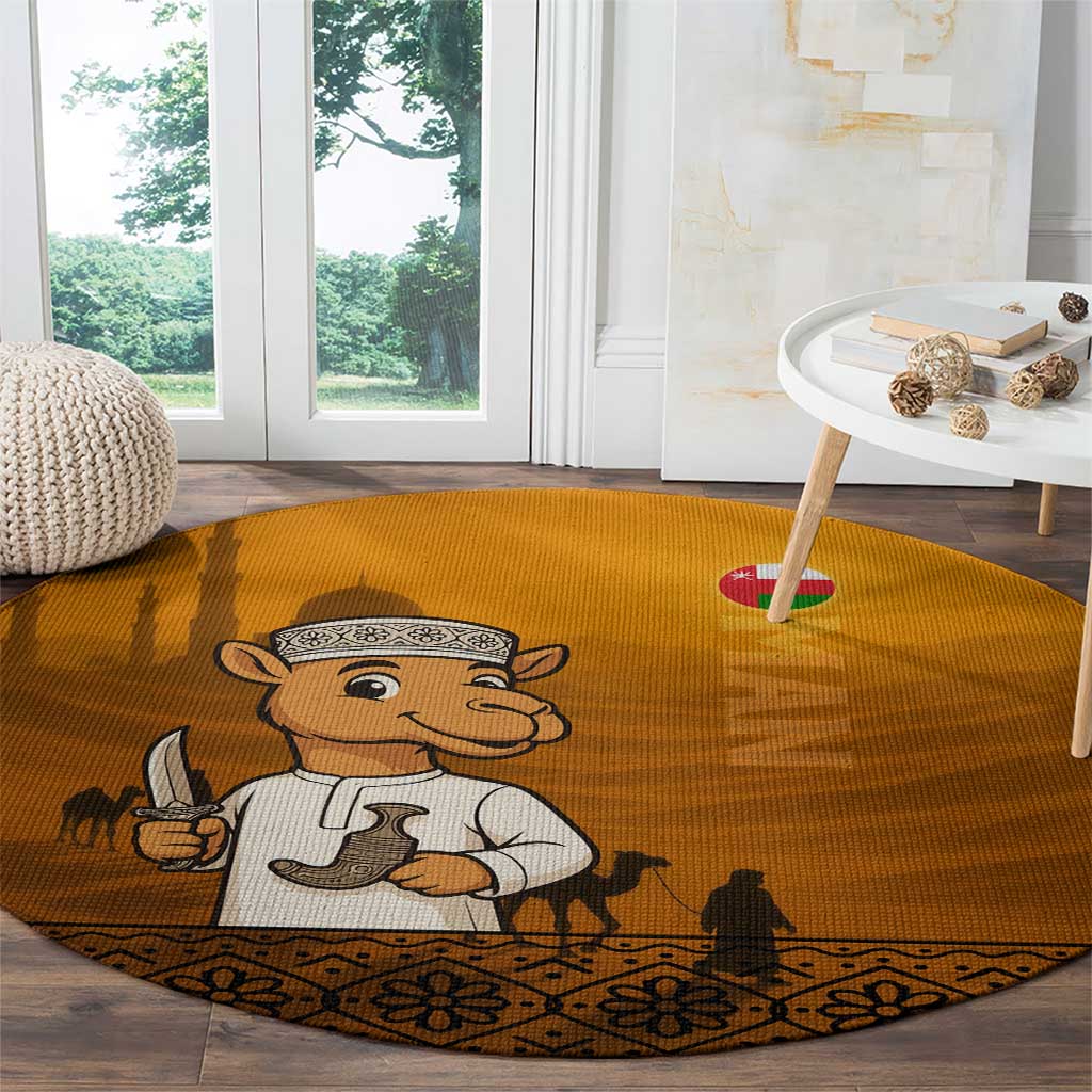 Oman Round Carpet with Traditional Camel Character and Desert Silhouette Design