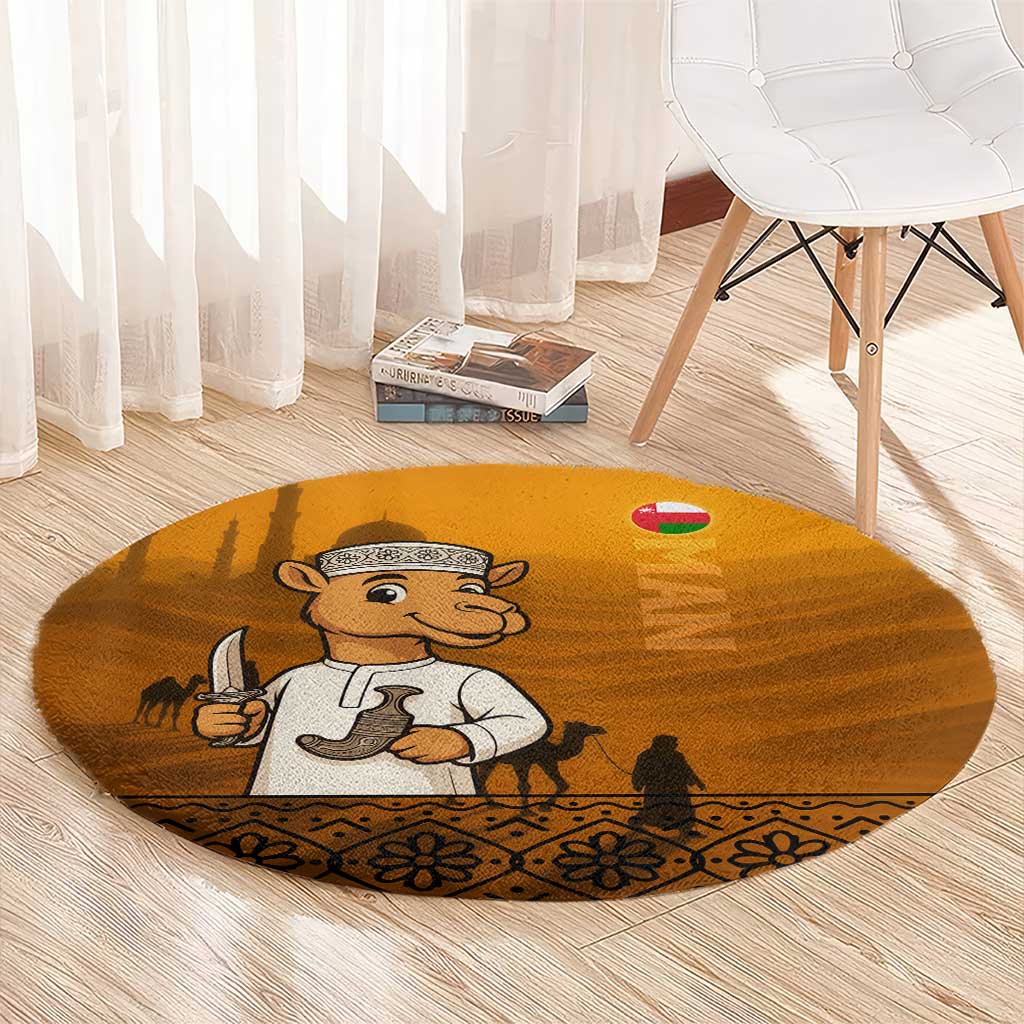 Oman Round Carpet with Traditional Camel Character and Desert Silhouette Design