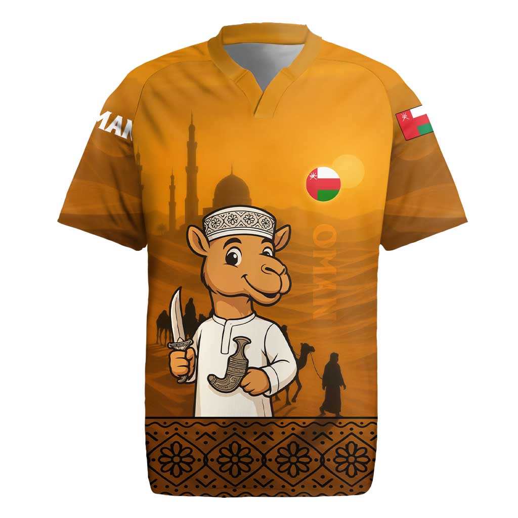 Oman Rugby Jersey with Traditional Camel Character and Desert Silhouette Design