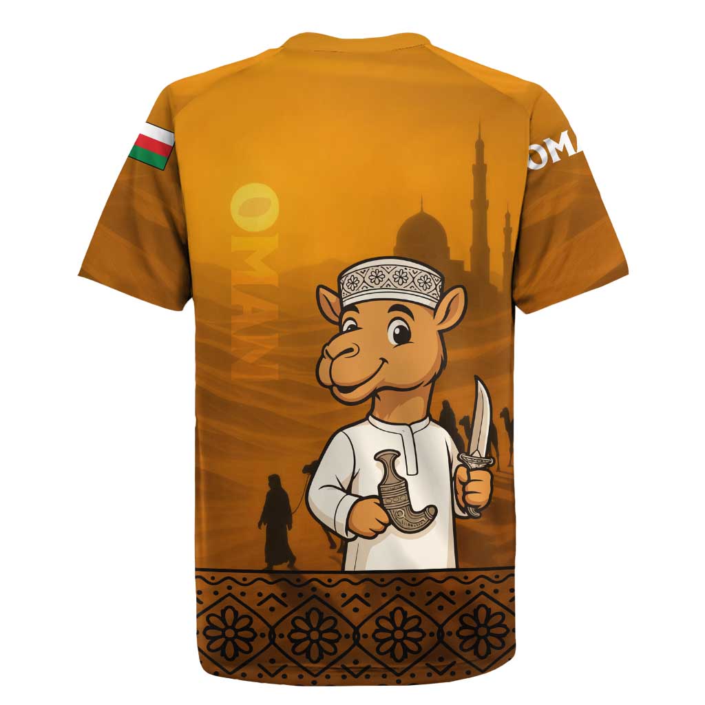 Oman Rugby Jersey with Traditional Camel Character and Desert Silhouette Design