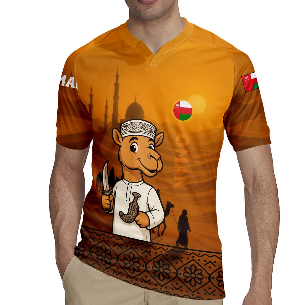 Oman Rugby Jersey with Traditional Camel Character and Desert Silhouette Design