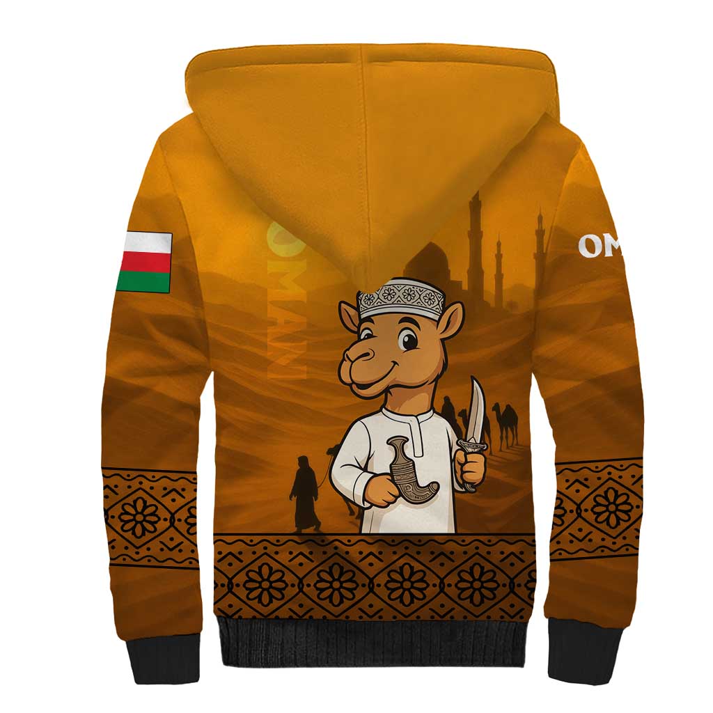 Oman Sherpa Hoodie with Traditional Camel Character and Desert Silhouette Design