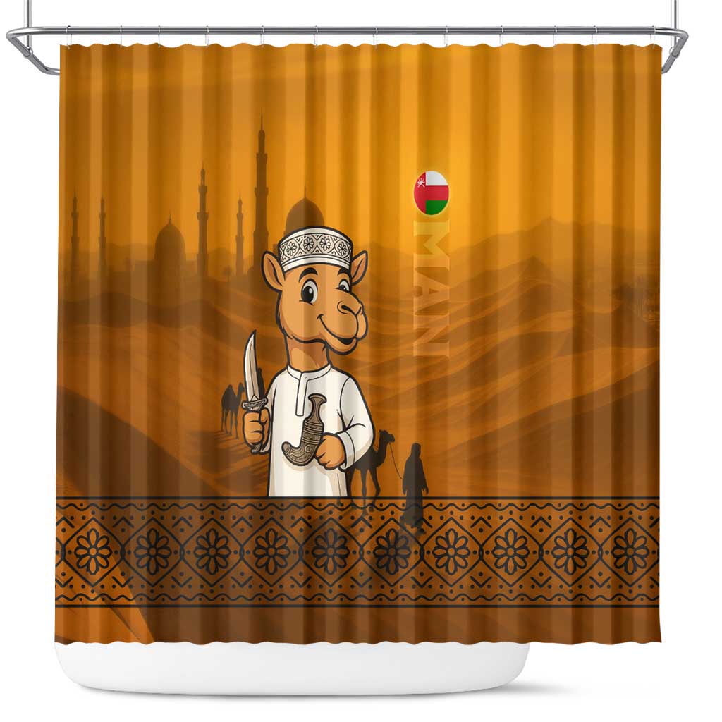 Oman Shower Curtain with Traditional Camel Character and Desert Silhouette Design