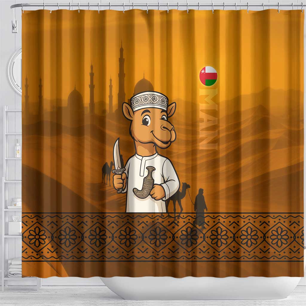 Oman Shower Curtain with Traditional Camel Character and Desert Silhouette Design