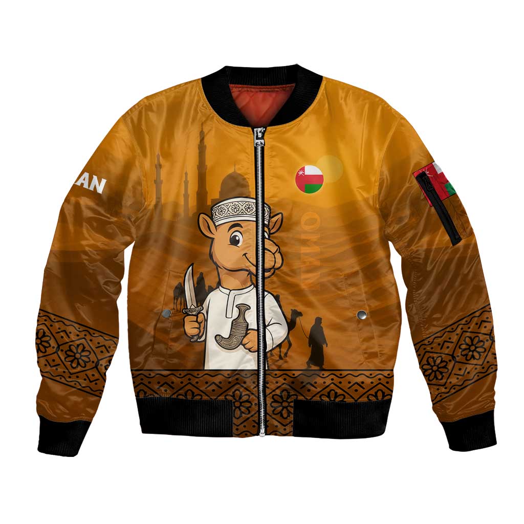 Oman Sleeve Zip Bomber Jacket with Traditional Camel Character and Desert Silhouette Design