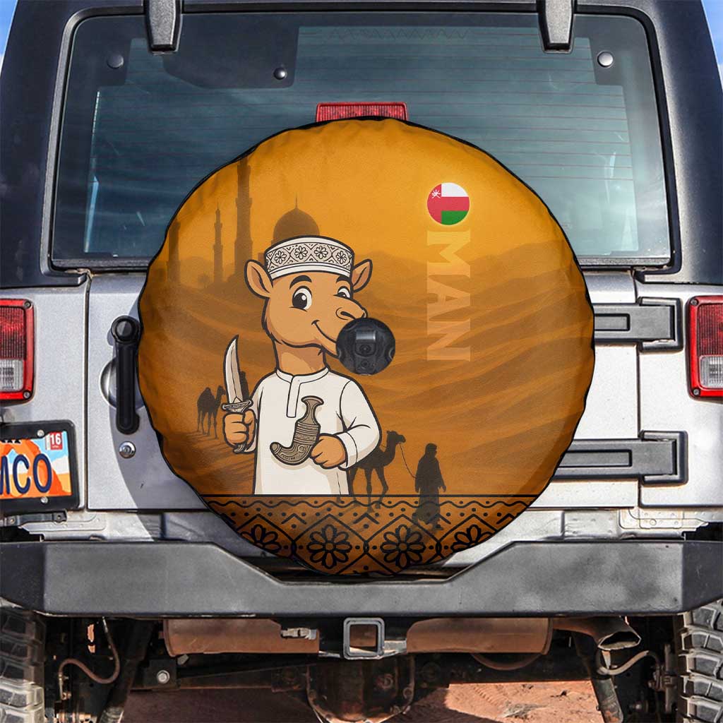 Oman Spare Tire Cover with Traditional Camel Character and Desert Silhouette Design