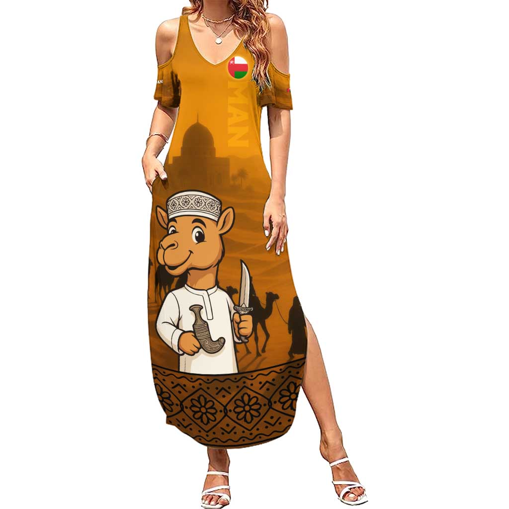 Oman Summer Maxi Dress with Traditional Camel Character and Desert Silhouette Design