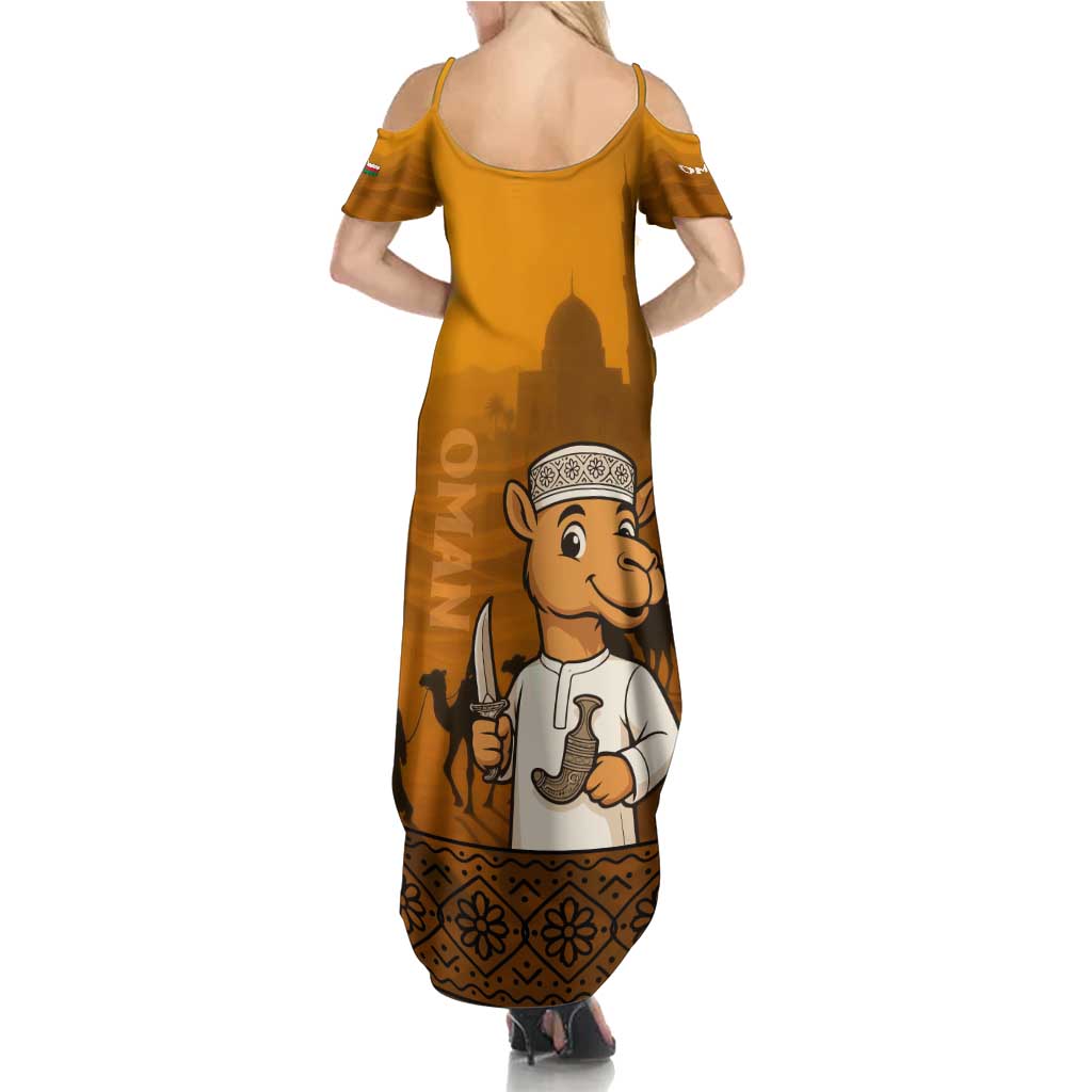 Oman Summer Maxi Dress with Traditional Camel Character and Desert Silhouette Design