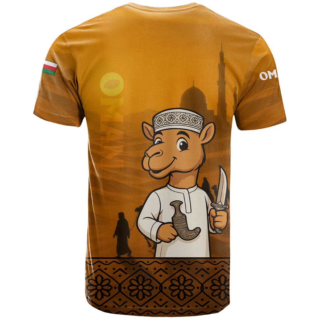 Oman T Shirt with Traditional Camel Character and Desert Silhouette Design