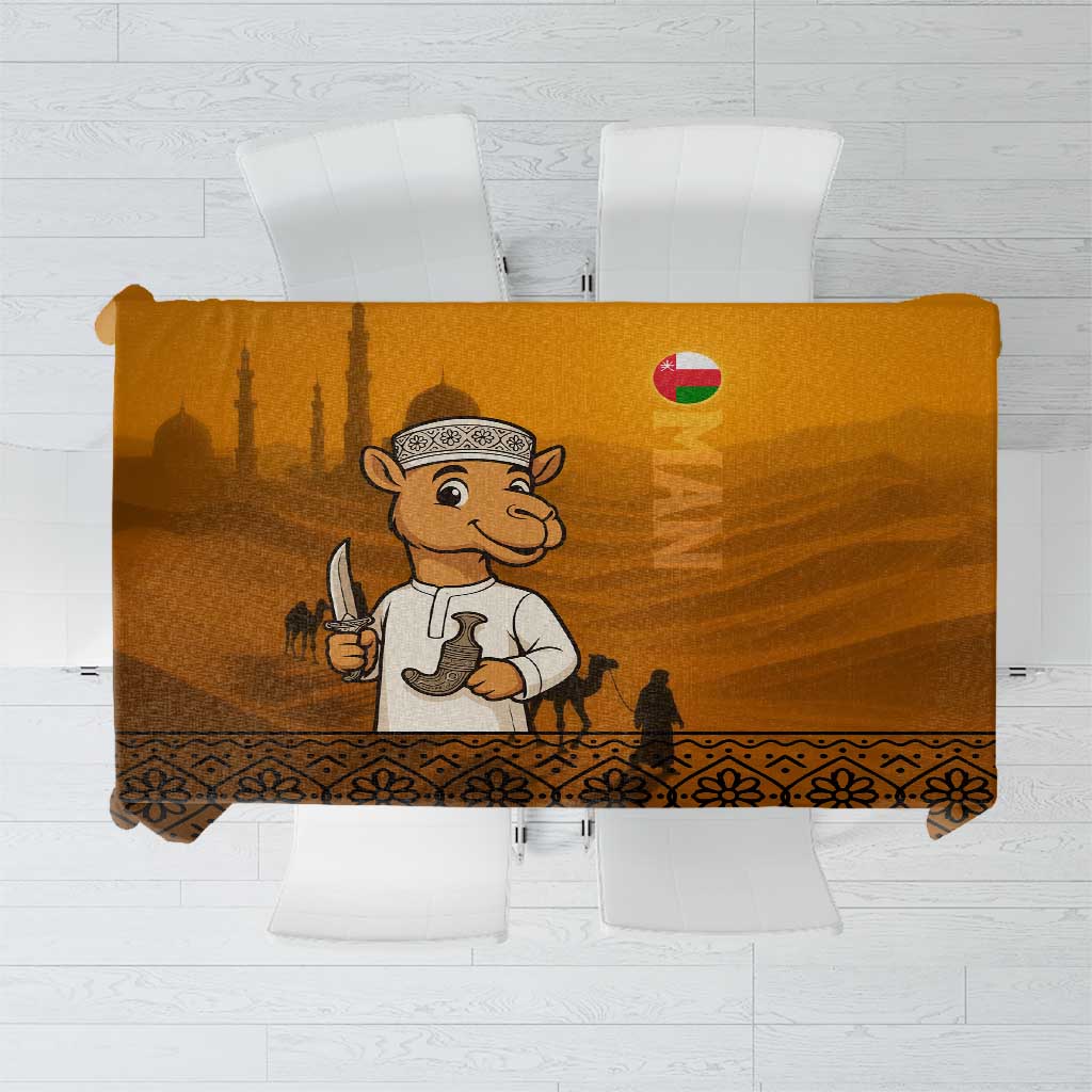 Oman Tablecloth with Traditional Camel Character and Desert Silhouette Design