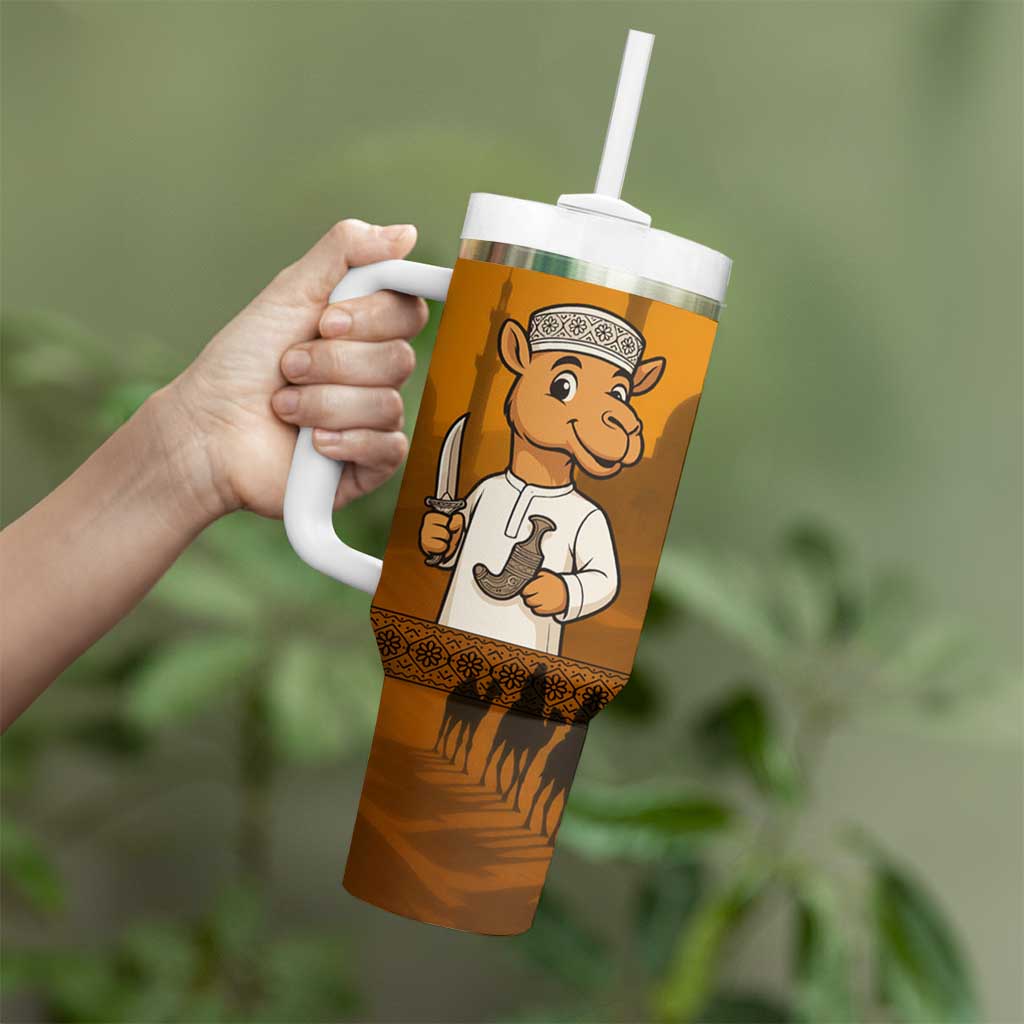 Oman Tumbler With Handle with Traditional Camel Character and Desert Silhouette Design