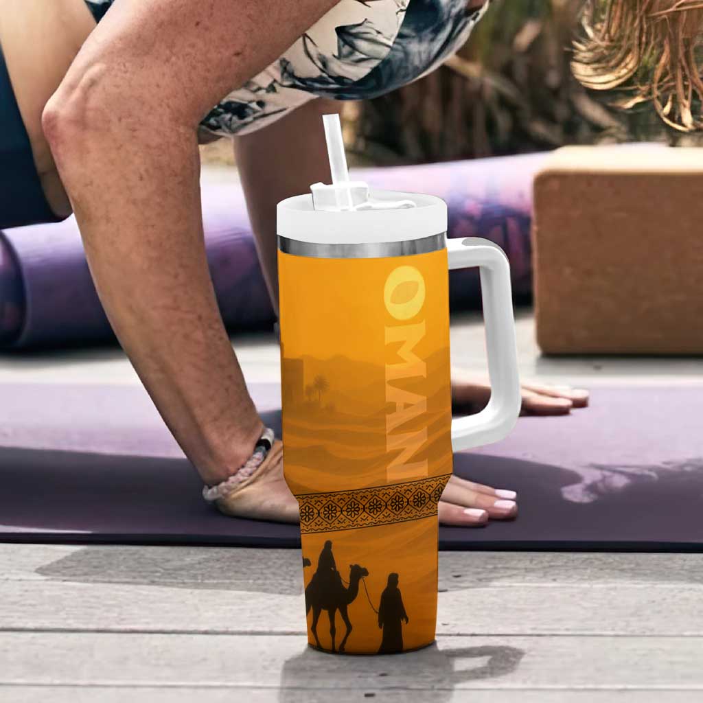 Oman Tumbler With Handle with Traditional Camel Character and Desert Silhouette Design